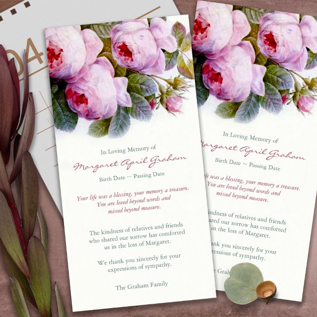 Begravt tackkort | Botaniskt Ro i Rosa Tack Kort (funeral thank you cards, bereavement, elegant, simple, celebration of life, sympathy card)