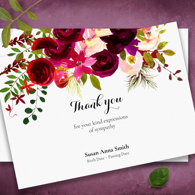 Begravt tackkort | Crimson Blommigt Tack Kort (Watercolor floral memorial funeral thank you card, celebration of life)