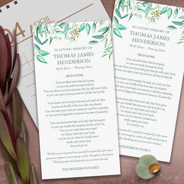 Begravt tackkort | Eucalyptus Löv Tack Kort (funeral thank you cards, bereavement, elegant, simple, celebration of life, sympathy card)