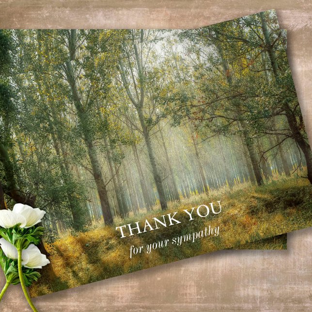 Begravt tackkort | Forest Light (Sympathy Photo Celebration of Life, In Loving Memory, Forever in our Hearts Funeral thank you cards)
