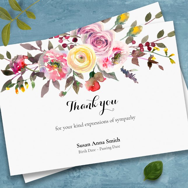 Begravt tackkort | Fredliga Blommigtar Tack Kort (Peaceful florals bereavement sympathy memorial funeral thank you card)
