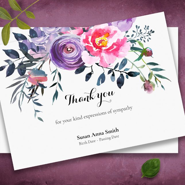 Begravt tackkort |  & GRÅTT Tack Kort (Pretty Rustic Floral watercolor memorial sympathy bereavement funeral thank you card)