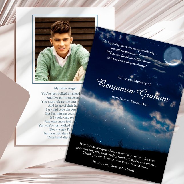 Begravt tackkort | Himmelska stjärnor Inbjudningar (Heavenly Stars Bereavement Sympathy Celebration of Life Funeral Thank You Card)