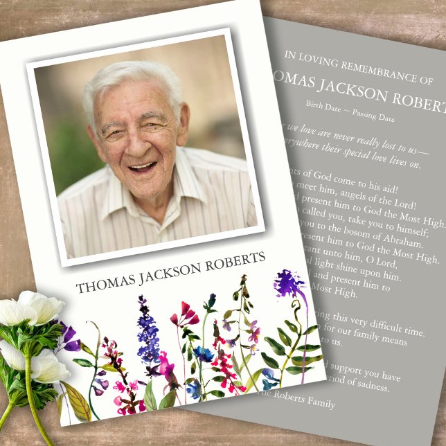 Begravt tackkort | Jokblommor och foto OSA Kort (Sympathy floral Celebration of Life, In Loving Memory, Forever in our Hearts Funeral thank you cards)