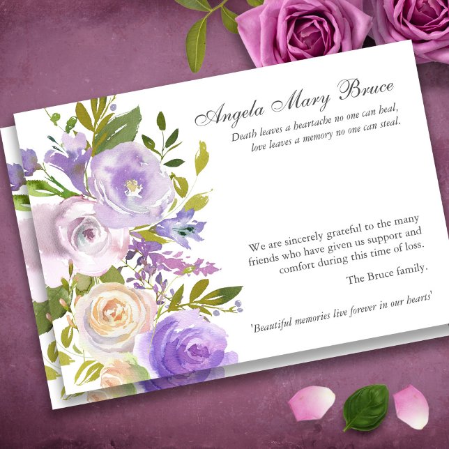 Begravt tackkort | LILA RO Tack Kort (Purple Roses Sympathy Bereavement Memorial Funeral Thank You Card)