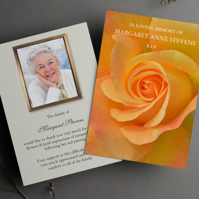 Begravt tackkort | ORANGE RO Inbjudningar (Orange Rose Memorial Bereavement Sympathy Funeral Thank You Card)