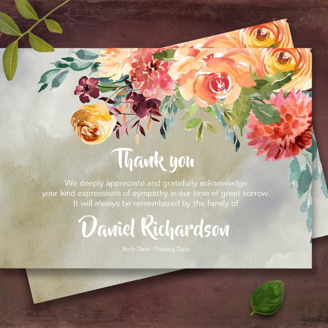 Begravt tackkort | Paprika-Blommigtar Tack Kort (Elegant watercolor floral memorial bereavement sympathy funeral thank you card)