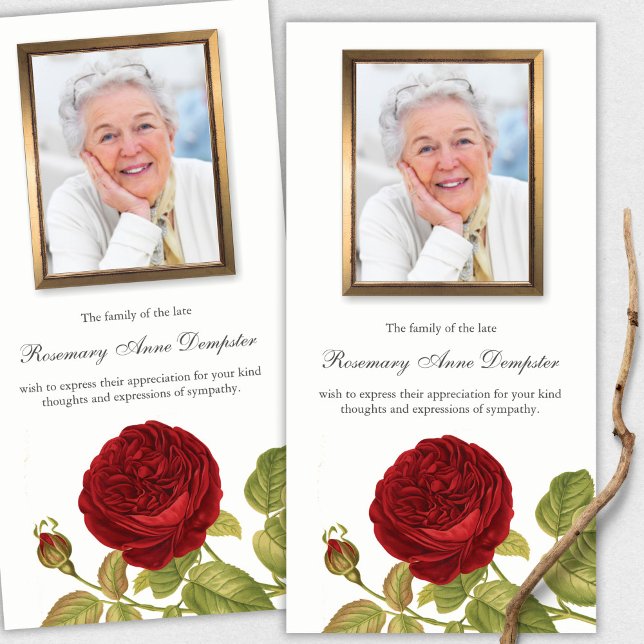 Begravt tackkort | Röd ros och foto Tack Kort (funeral thank you cards, bereavement, elegant, simple, celebration of life, sympathy card)