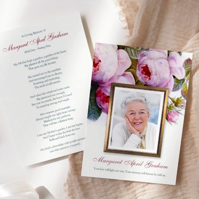 Begravt tackkort | Rosa av botaniska Blommigtar Inbjudningar (Bereavement Sympathy Botanical Florals in Pink Memorial Funeral Thank You Card with Photo)