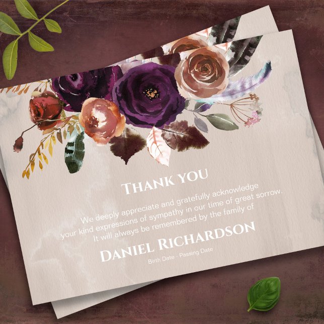 Begravt tackkort | Smör och plommon Tack Kort (Boho style watercolor floral memorial bereavement sympathy funeral thank you card)