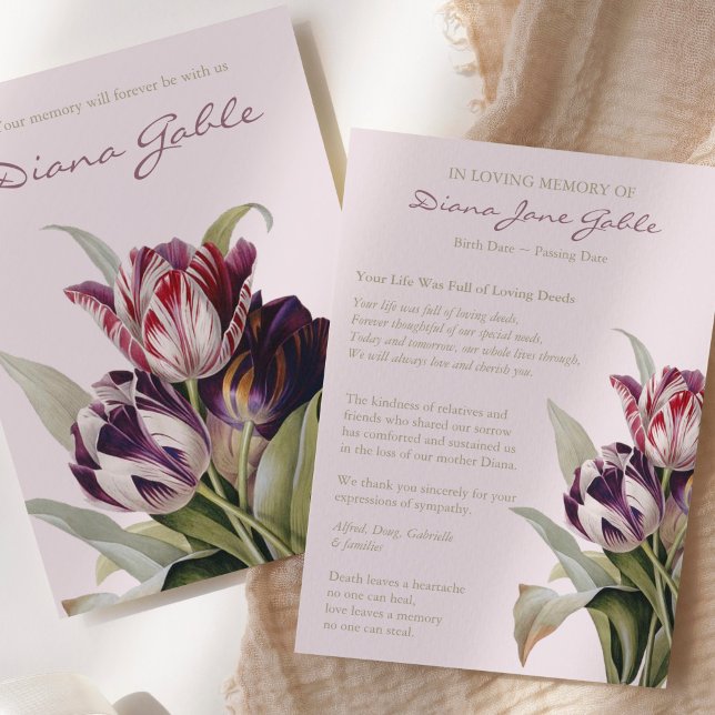 Begravt tackkort | Vackra Tulips Inbjudningar (Beautiful Tulips Sympathy Bereavement Memorial Funeral Thank You Card)