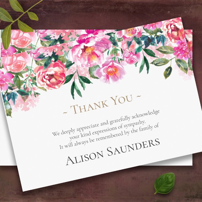 Begravt tackkort | Vattenfärgspopulationer Rosa Tack Kort (pink peonies sympathy bereavement memorial funeral thank you card)