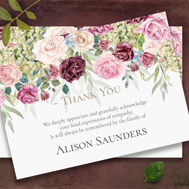 Begravt tackkort | Watercolor Ro Garden Tack Kort (Sympathy Roses in shades of pink Memorial Bereavement Funeral Thank You Card)