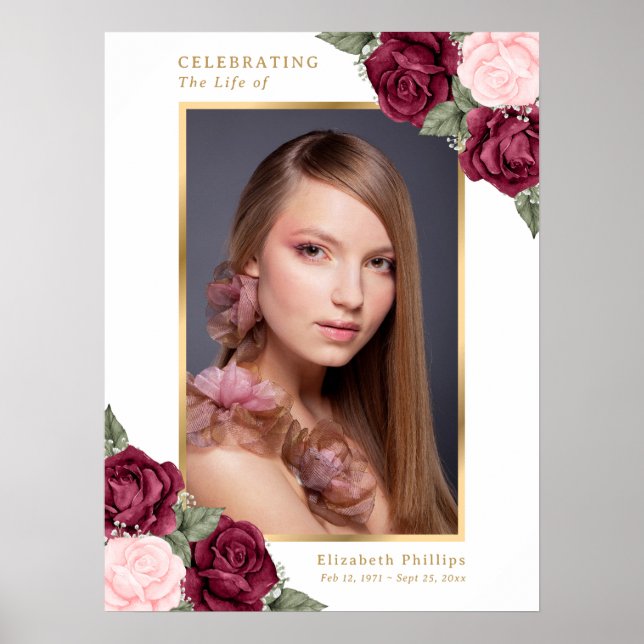 Begrüßungsskylt för begravning röd rosa guld blomm poster (Framsidan)
