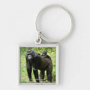 Begynna Lowlandgorilla på mödrarbaksida Fyrkantig Silverfärgad Nyckelring