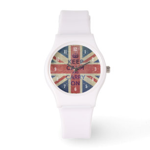Behåll Calm och fortsätt med UK flagga Se Armbandsur