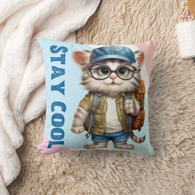 Behåll Coola Cat Wearing Glass Cap Back to school Kudde (Filt)