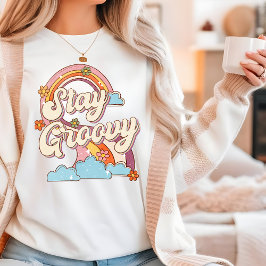 Behåll Groovy Retro Rainbow Flowers Typography T Shirt