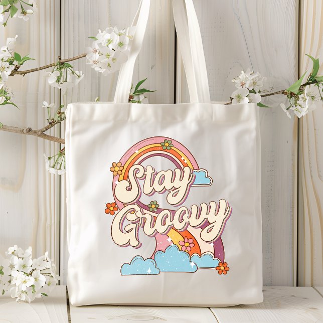 Behåll Groovy Retro Rainbow Flowers Typography Tygkasse (Skapare uppladdad)