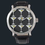 Behålla "Em Coming Martini Watch (svart) Armbandsur<br><div class="desc">Denna Behålla "Em Coming Martini Watch har en svart bakgrund och en vinklad bild av en vit silhuett av ett martinistiskt glas. Inuti varje glas finns en gloriös grönt oliver med orange pimento. Det här är en roligt armklocka för alla som önskemål var med i en klassisk film. Shaken är...</div>