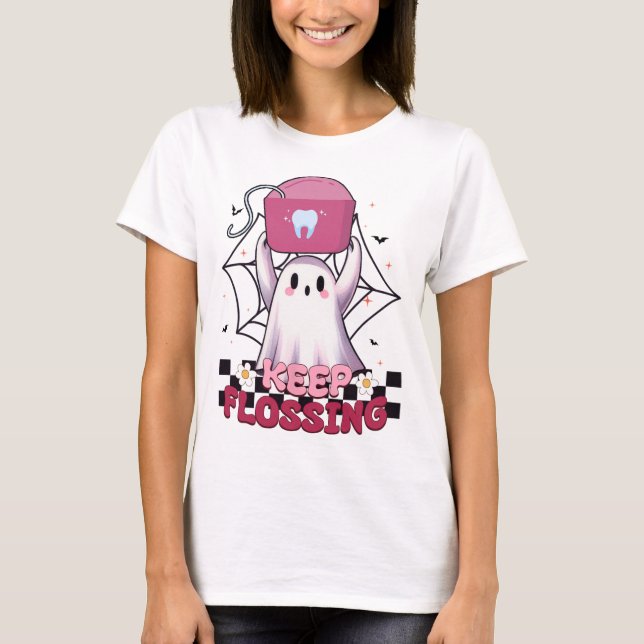Behålla Flossing Ghost Groovy Dental Hygiene Hallo T Shirt (Framsida)
