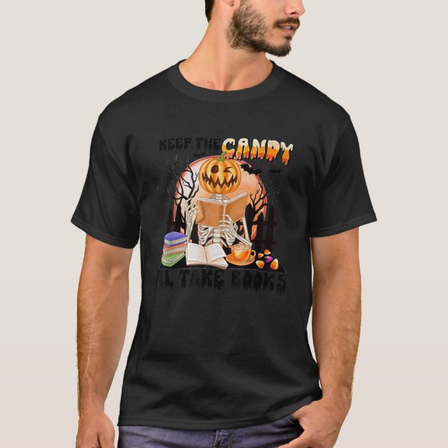 Behålla Jag tar Bokar Skeleton Pumpkin Fa. T Shirt (Framsida)