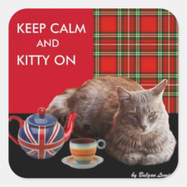 "BEHÅLLA LUGN AND KATTUNGE ON" ,RED TARTAN,CAT TEA FYRKANTIGT KLISTERMÄRKE