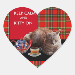 "BEHÅLLA LUGN AND KATTUNGE ON" ,RED TARTAN,CAT TEA HJÄRTFORMAT KLISTERMÄRKE