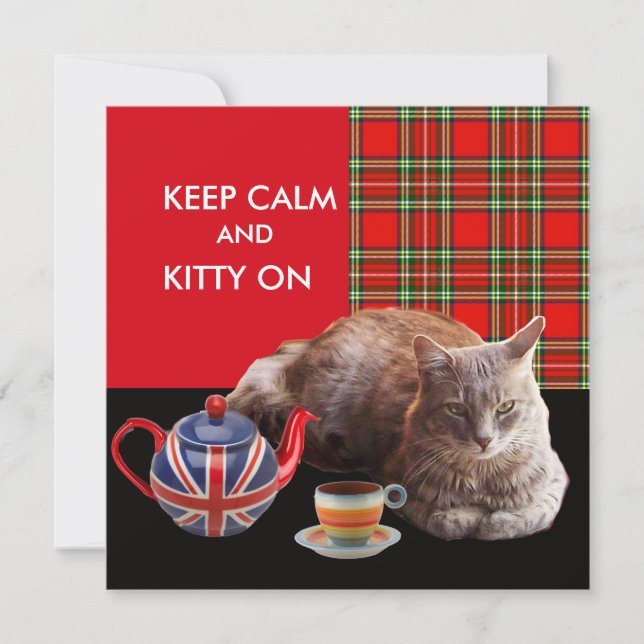 "BEHÅLLA LUGN AND KATTUNGE ON" ,RED TARTAN,CAT TEA INBJUDNINGAR (Framsida)