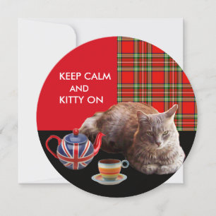 "BEHÅLLA LUGN AND KATTUNGE ON" ,RED TARTAN,CAT TEA INBJUDNINGAR