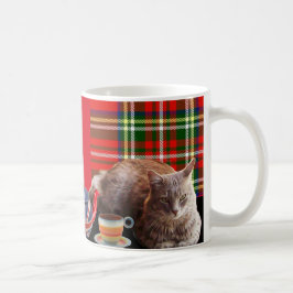 "BEHÅLLA LUGN AND KATTUNGE ON" ,RED TARTAN,CAT TEA KAFFEMUGG