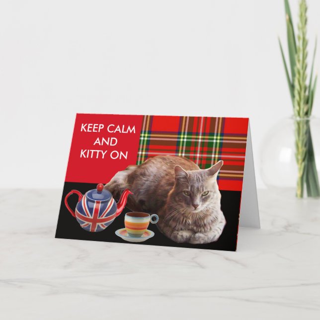 "BEHÅLLA LUGN AND KATTUNGE ON" ,RED TARTAN,CAT TEA KORT (Framsida)