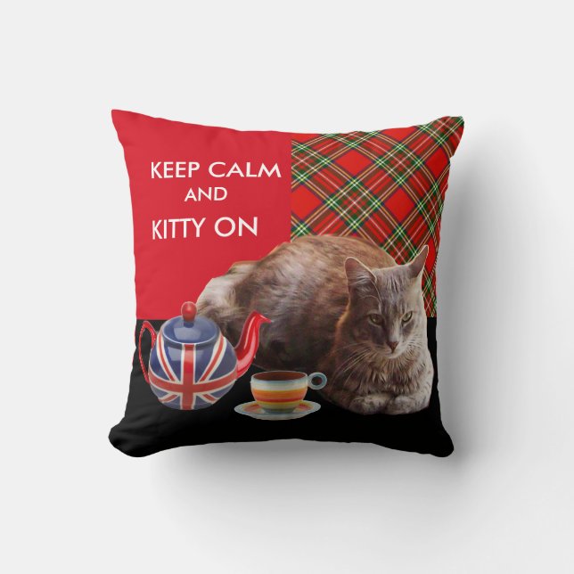 "BEHÅLLA LUGN AND KATTUNGE ON" ,RED TARTAN,CAT TEA KUDDE (Framsida)