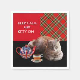 "BEHÅLLA LUGN AND KATTUNGE ON" ,RED TARTAN,CAT TEA PAPPERSSERVETT