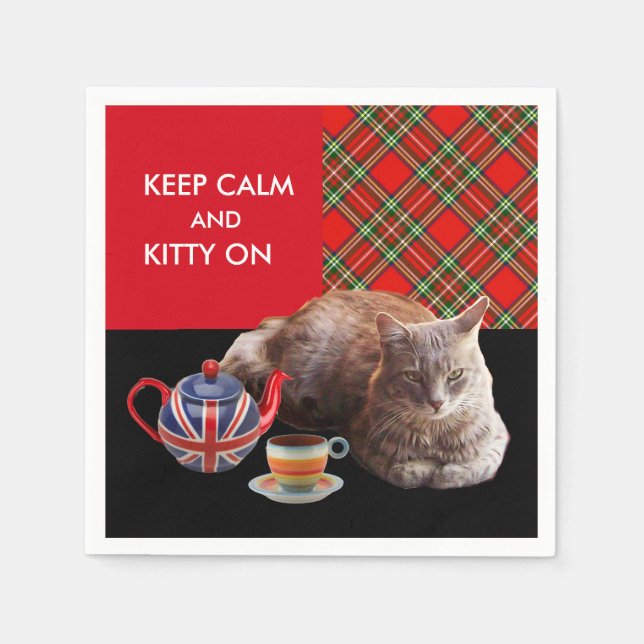 "BEHÅLLA LUGN AND KATTUNGE ON" ,RED TARTAN,CAT TEA PAPPERSSERVETT (Framsidan)
