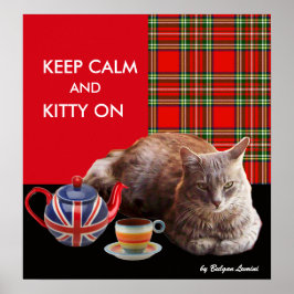"BEHÅLLA LUGN AND KATTUNGE ON" ,RED TARTAN,CAT TEA POSTER