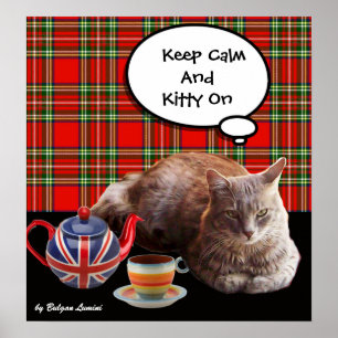 "BEHÅLLA LUGN AND KATTUNGE ON" ,RED TARTAN,CAT TEA POSTER