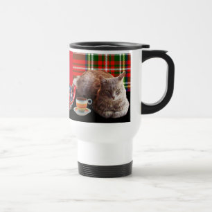 "BEHÅLLA LUGN AND KATTUNGE ON" ,RED TARTAN,CAT TEA RESEMUGG