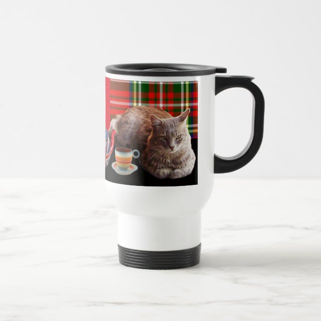 "BEHÅLLA LUGN AND KATTUNGE ON" ,RED TARTAN,CAT TEA RESEMUGG (Höger)