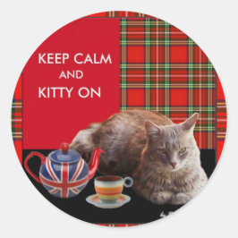 "BEHÅLLA LUGN AND KATTUNGE ON" ,RED TARTAN,CAT TEA RUNT KLISTERMÄRKE