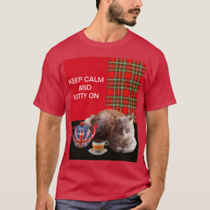 "BEHÅLLA LUGN AND KATTUNGE ON" ,RED TARTAN,CAT TEA TEE SHIRT