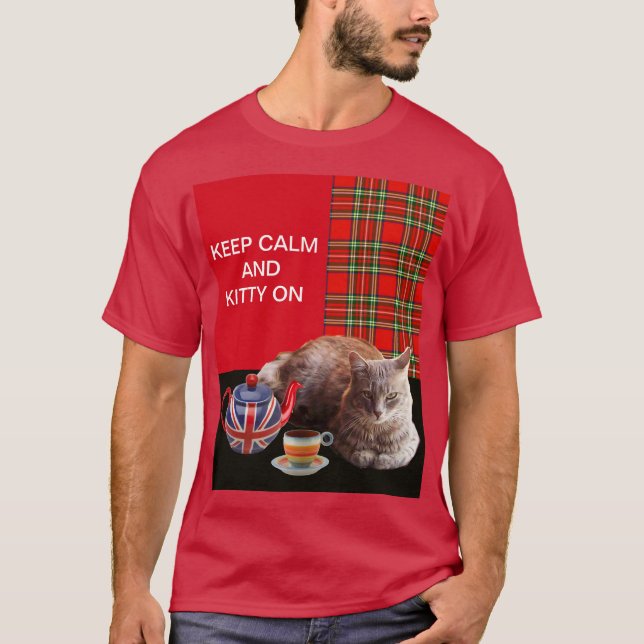 "BEHÅLLA LUGN AND KATTUNGE ON" ,RED TARTAN,CAT TEA TEE SHIRT (Framsida)
