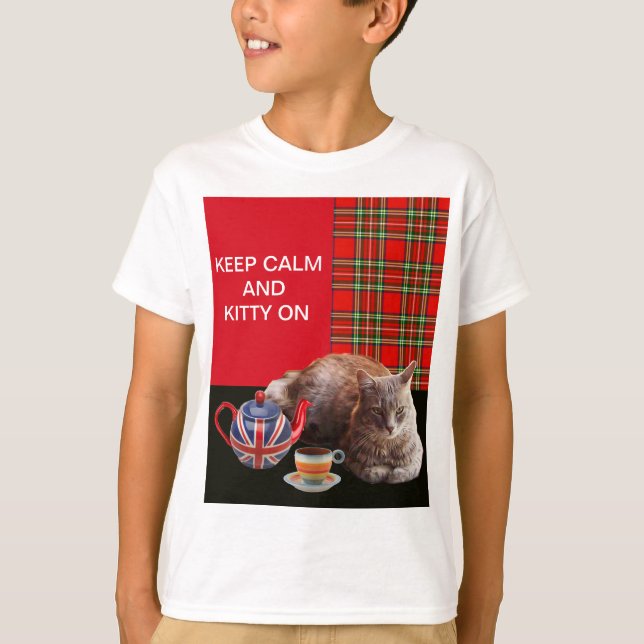 "BEHÅLLA LUGN AND KATTUNGE ON" ,RED TARTAN,CAT TEA TEE SHIRT (Framsida)