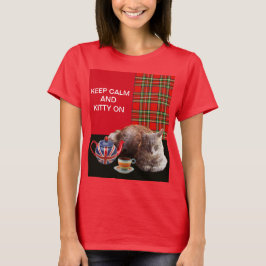 "BEHÅLLA LUGN AND KATTUNGE ON" ,RED TARTAN,CAT TEA TEE SHIRT