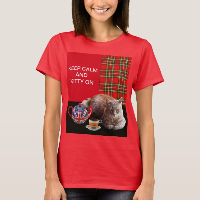 "BEHÅLLA LUGN AND KATTUNGE ON" ,RED TARTAN,CAT TEA TEE SHIRT (Framsida)