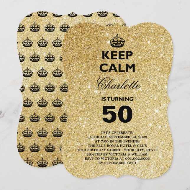 Behålla Lugn Glitter Milestone Födelsedagsfest Inb Inbjudningar (Fram/baksida)