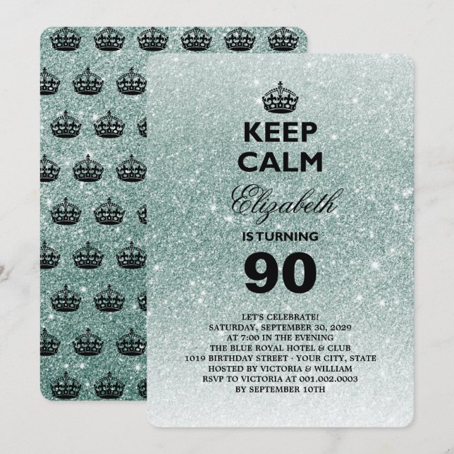 Behålla Lugn Glitter Milestone Födelsedagsfest Inb Inbjudningar (Fram/baksida)