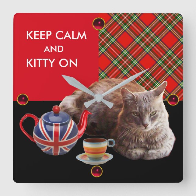 BEHÅLLA LUGN OCH KATTUNGE PÅ ,RED TARTAN CAT TEA P FYRKANTIG KLOCKA (Framsida)