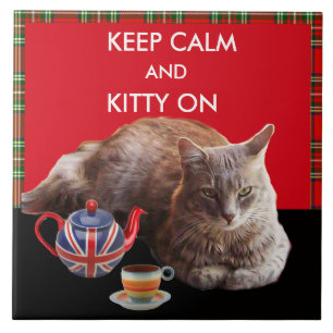 BEHÅLLA LUGN OCH KATTUNGE PÅ ,RED TARTAN CAT TEA P KAKELPLATTA