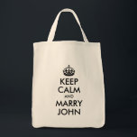 Behålla Lugn och Marry John Bag Tygkasse<br><div class="desc">En parodi på en vintage British WWII poster påminna den flippade bruden om att behålla hennes huvud.</div>